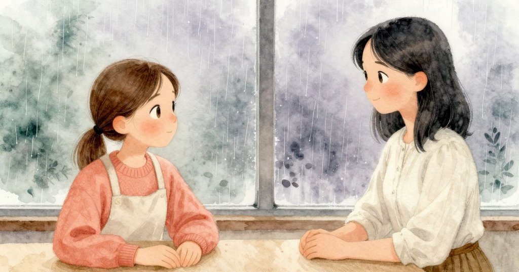 Thea與Maeve於室內桌旁共度靜謐時光,窗外小雨紛飛,透過紙窗灑下柔和光線,彼此眼神交流溫柔。