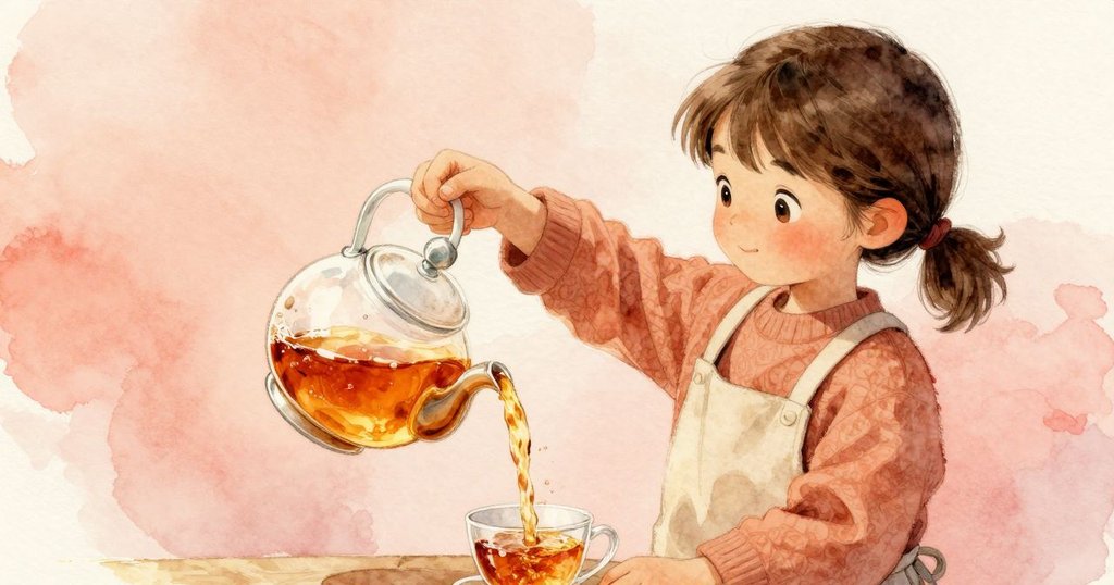 Thea倒茶瞬間動態捕捉,茶液如琥珀絲線旋轉,細小泡泡飛舞,表情充滿驚奇與期待,動中見靜。