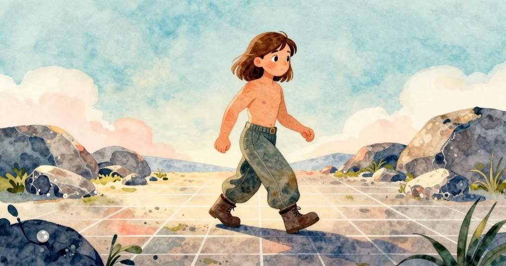 Thea 踏入刻線區域, 迎著清晨柔和陽光, 面帶期盼, 戶外岩石與格線背景, 開始冒險旅程