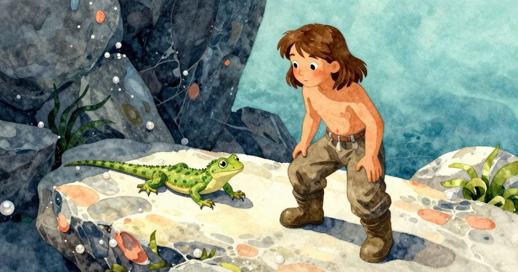 石板上砂色蜥蜴暫停, Thea 好奇注視, 日光映照岩層與粉筆塵痕, 歷史感濃厚的戶外場景