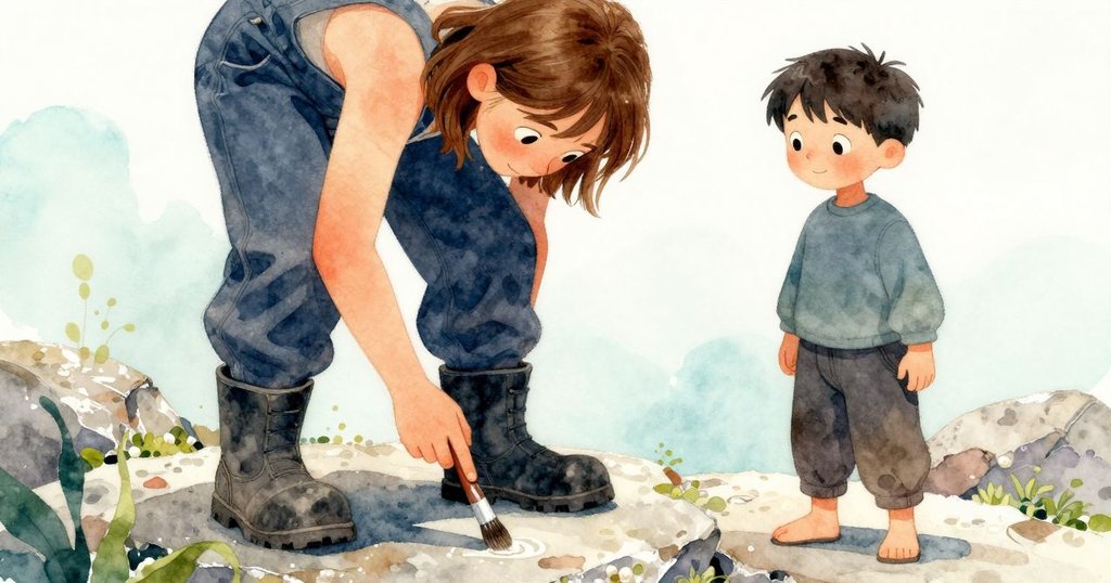 從蜥蜴視角觀看, Thea 靴子與刷子在岩石上掠過, 粉塵飛揚, 戶外溫暖柔光照射