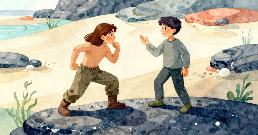 Oona 跪在多層岩石旁輕輕敲擊, Thea 近旁刷石, 陽光灑落粉塵飛舞, 戶外互動細膩畫面