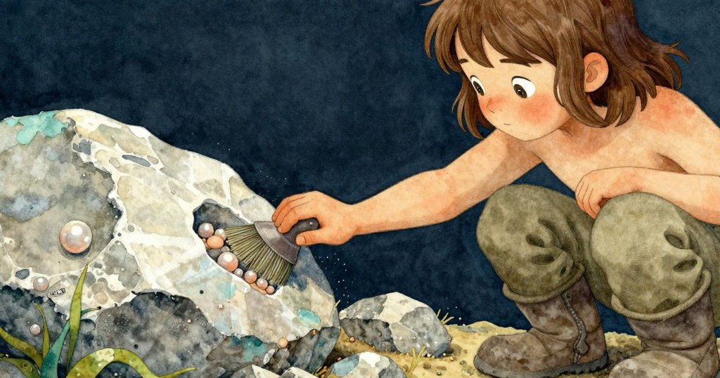 Thea 專注細致刷拭岩面, 手部與面容清晰展現, 細微塵埃中隱約顯現海馬化石輪廓, 力與美交融