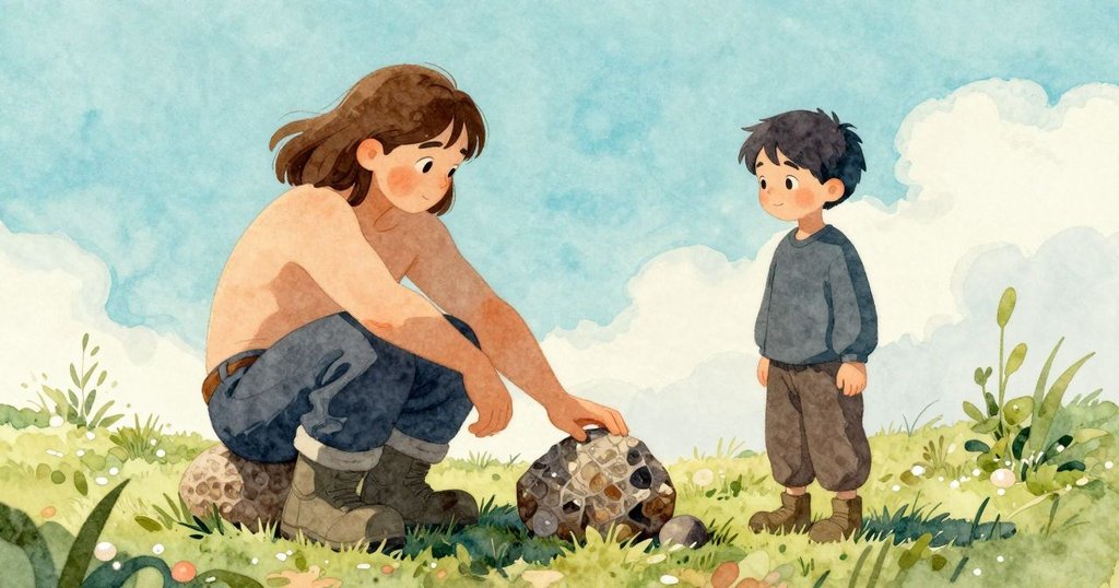 Thea 安靜將手掌靠在完整呈現的海馬化石旁, Oona 含笑旁觀, 午后微風中展現發現後的寧靜與滿足