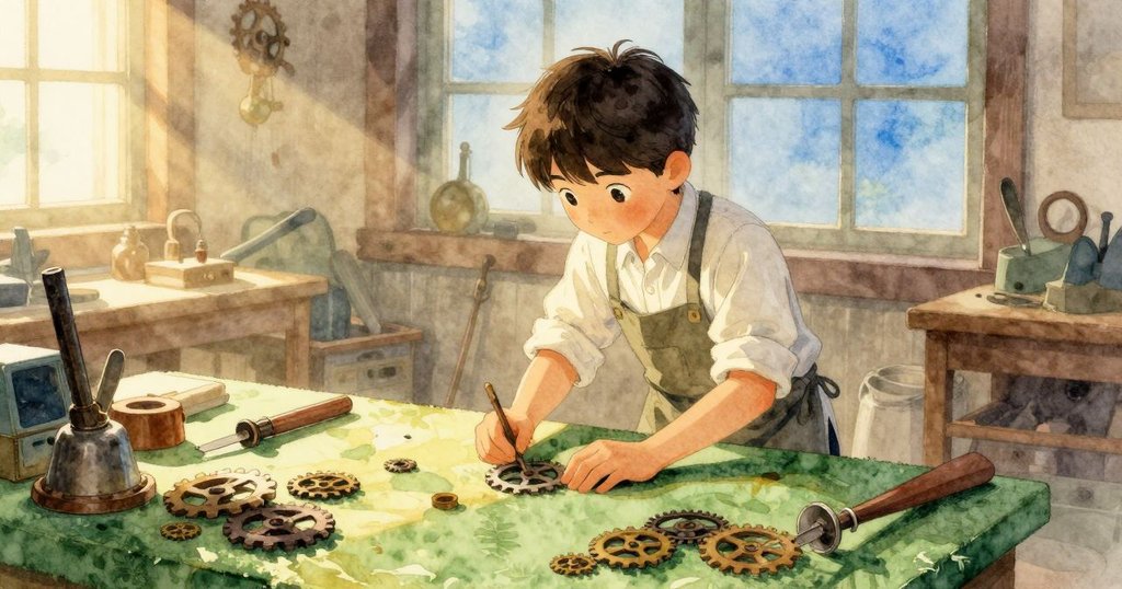 Dante在繁忙的工作室裡查看散落於綠色毡布上的小齒輪，表情專注且充滿疑惑，場景充滿溫暖光影。