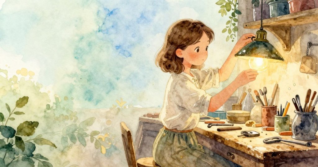 Hattie在工作室調整燈罩，柔和金色燈光灑落桌上小齒輪，背景留白營造出靜謐感，神情專注。