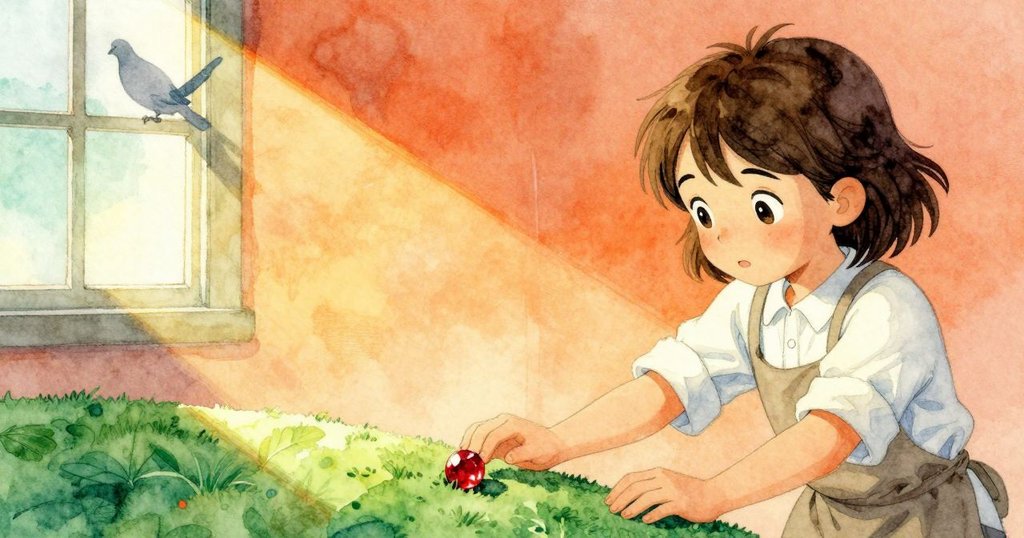 從小動物視角看，紅寶石般的圓盤在工作桌緣滑動，燈光下映出鴿子身影，場景動感且生動。