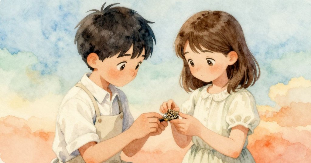 Hattie與Dante共同照看老舊機芯，擺放如行星般的齒輪在背景中閃耀，場景溫馨懷舊。