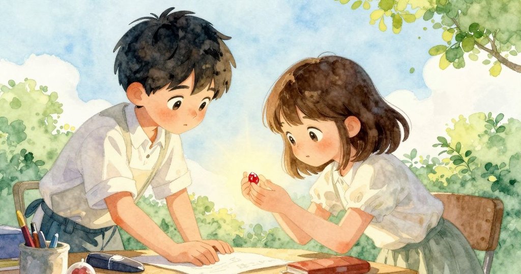 Dante與Hattie在緊急動作中協力接住滑動的紅寶石，小齒輪散落桌上，表情緊張而慎重。