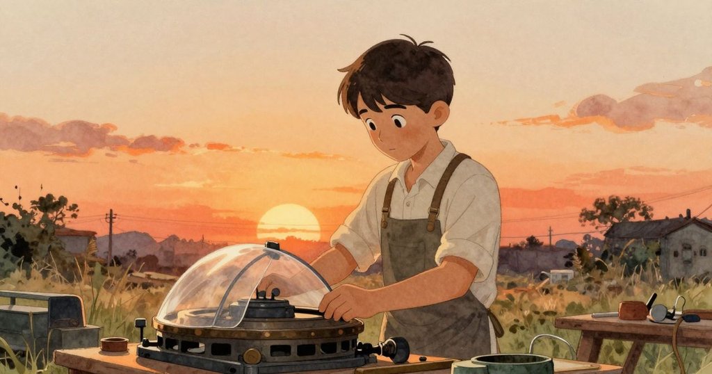 Dante在落日餘暉中輕輕蓋上防塵罩，桌上唯一的黃銅齒輪發出溫暖光芒，鎮定安寧，故事落幕。