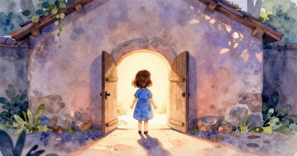 Ruby身影在明亮光線下走向發光的窯口，充滿期待感，背景呈現鄉村風格與柔和光影