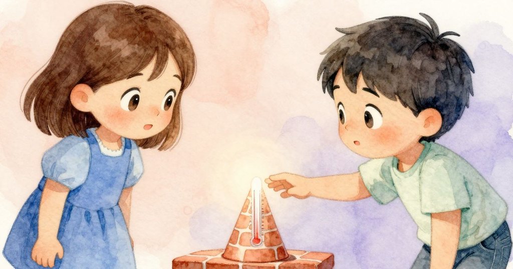 Ruby的手輕輕觸碰傾斜的溫度錐，背景顯示灑有灰燼的磚牆與細微腳印，寓意深遠