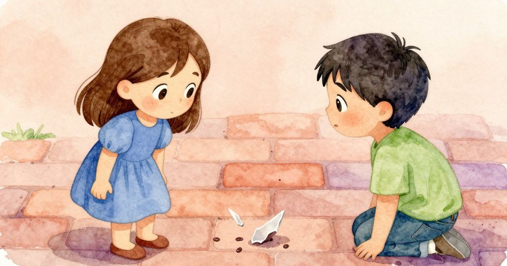 從Ruby視角看到碎片置於兩道模糊腳印之間，灰塵鋪陳的地面引發神秘好奇，氛圍溫暖而充滿探究