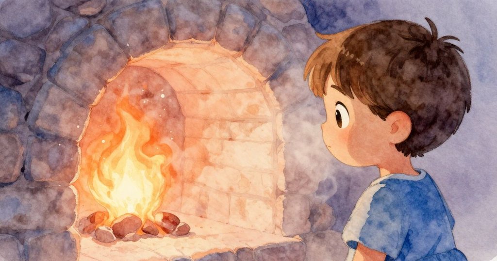 Ruby透過半透明霧幕凝視窯內火光，見到閃爍橙色火心，霧狀效果如水下幻影，表情充滿驚奇