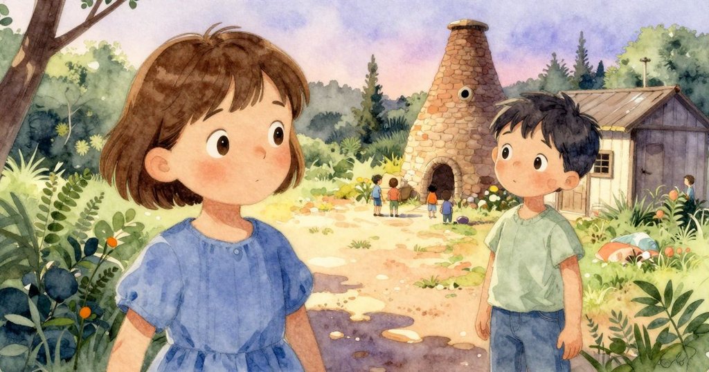 傍晚時分，窯爐與小屋在廣闊環境中顯得微小，Ruby與Bea作為細小身影靜觀成果，暖光與陰影和諧交織