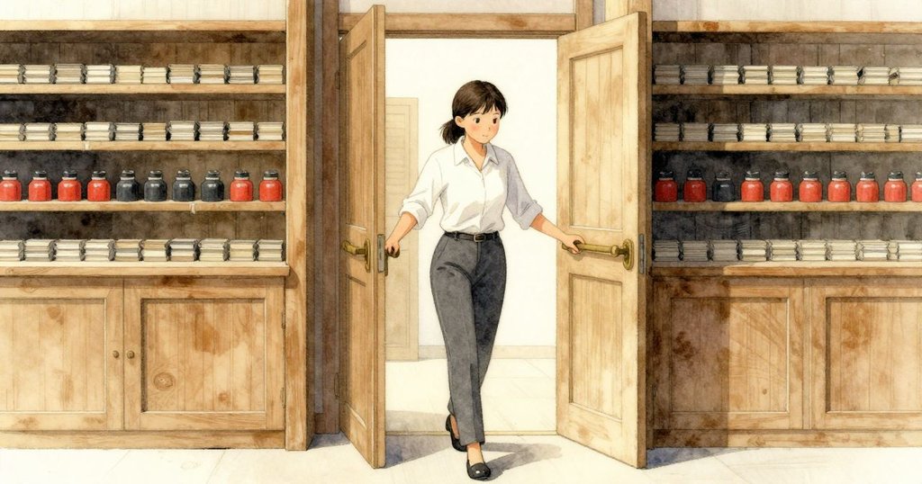 佐拉推開木門踏入印刷室,從明亮的大道進入溫暖燈光下充滿古舊機械的房間,帶著堅定期待