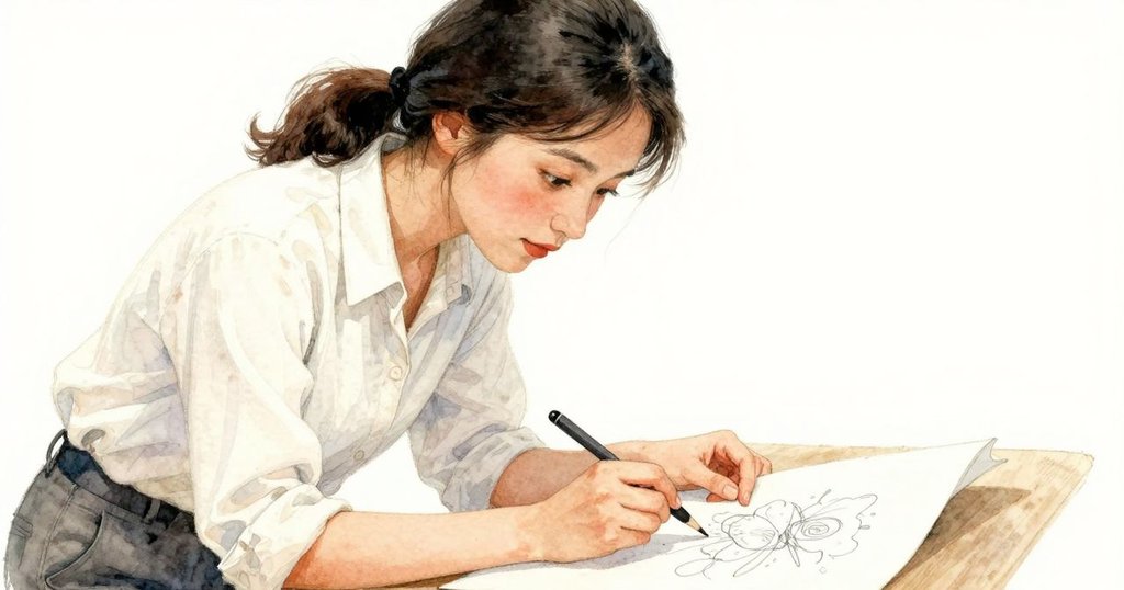 佐拉凝視印有斜影字母的紙張,輕輕觸摸,臉上流露出堅持與專注情感,在溫暖光線中顯得細膩