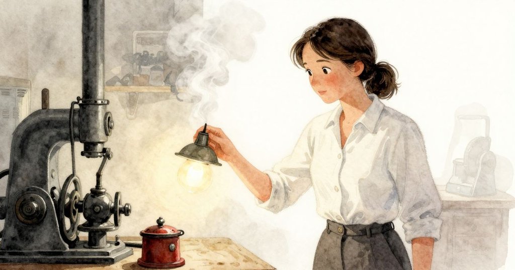 溫暖燈光輕微閃爍,印刷紙冒出蒸氣,黃銅擺錘投射柔和搖曳陰影,佐拉在背景中繼續工作