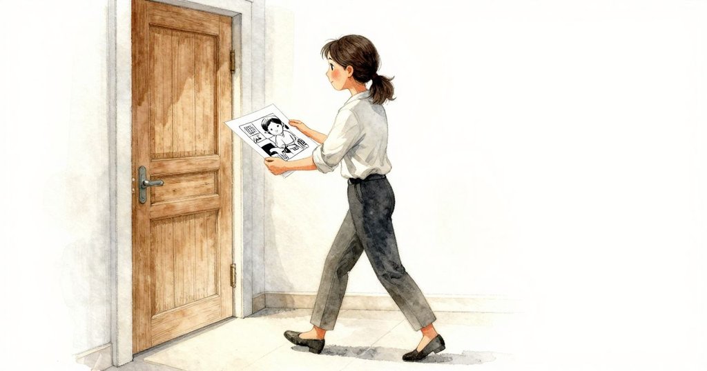 佐拉帶著新印刷成果走向晨光下反射光澤的木門,紙上閃耀墨字展現成功感,充滿堅定與喜悅