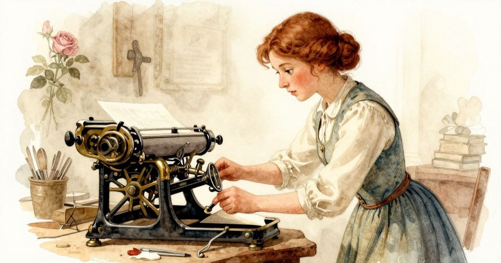 Dinah操作印刷機,傾斜視角下齒輪閃爍,環境充滿神秘感,表情專注,展現故事開端