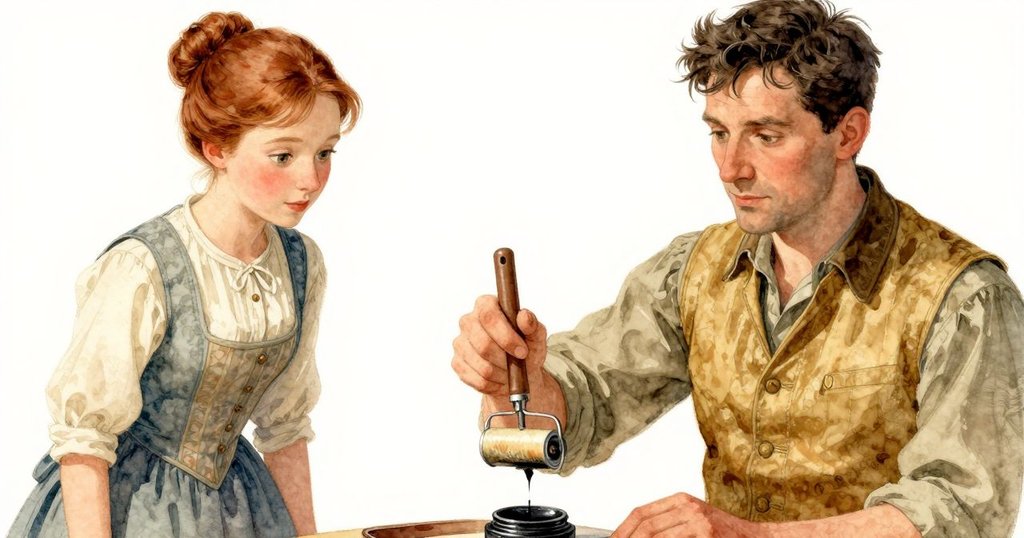 Dinah輕觸滾筒,油墨流動於石板上,燈光柔和,展示工具細節與故事發展