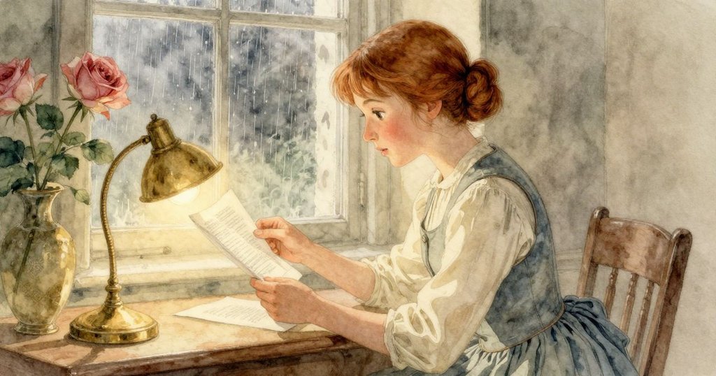 Dinah在溫暖燈光下檢視印刷品,窗外細雨朦朧,營造出靜謐與思索的氛圍,情感細膩