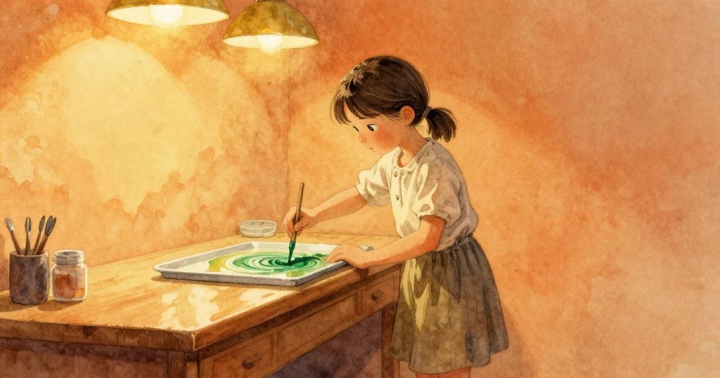 哈勒在溫暖燈光下操作混合站,杯中綠漆在鏡面托盤上反射光芒,表情專注,開場場景