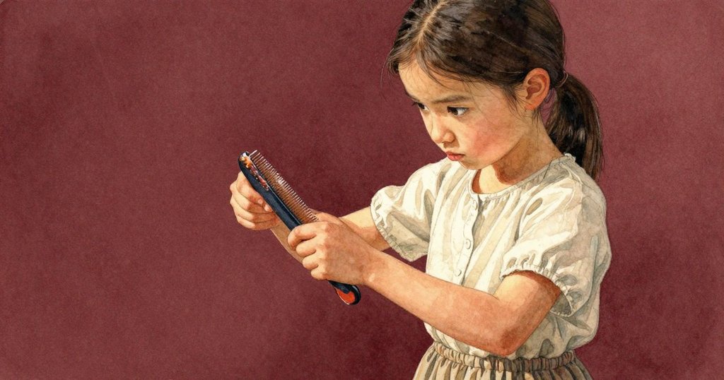 哈勒用手輕拿梳子仔細檢查油漆痕跡,細節清晰,表情專注,展示轉變細節的場景