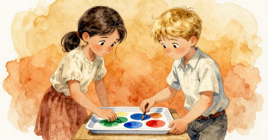 哈勒與賽勒斯在色彩斑斕托盤前合作,層次豐富,賽勒斯記錄測量數據,氣氛專注且充滿探索感