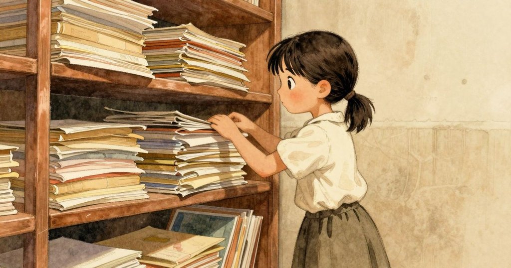 哈勒在室內紙架前輕疊舊紙與新濕紙,溫暖燈光下展現紙張細緻質感,氛圍充滿懷舊感