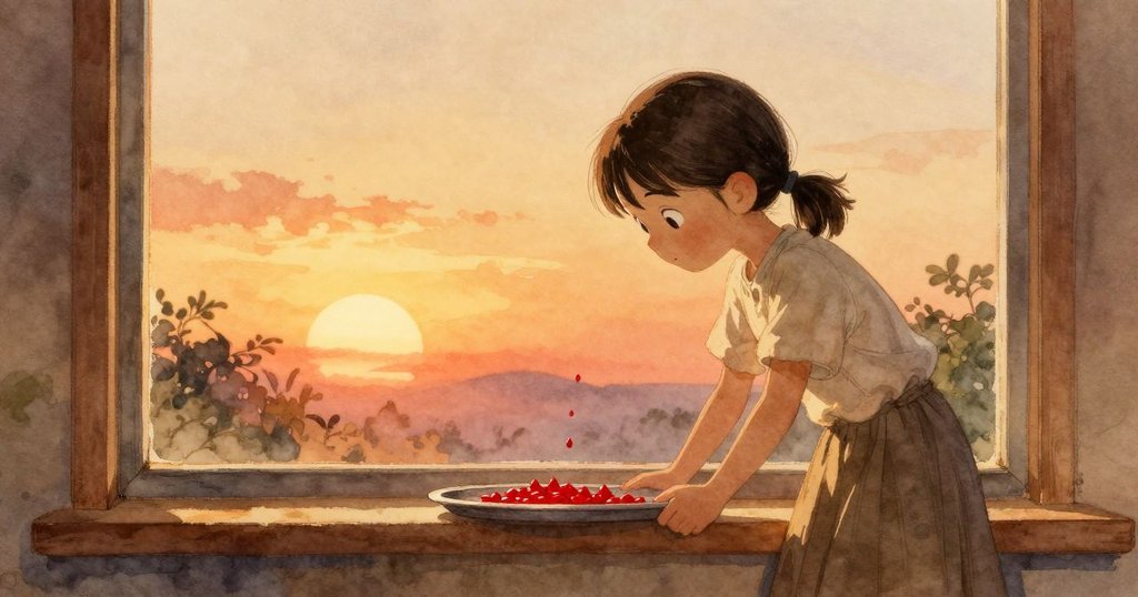 哈勒在夕陽下靜觀托盤上鮮紅水滴擴散,窗外金光瀰漫,籠中鸚鵡啼鳴,氛圍溫馨平靜