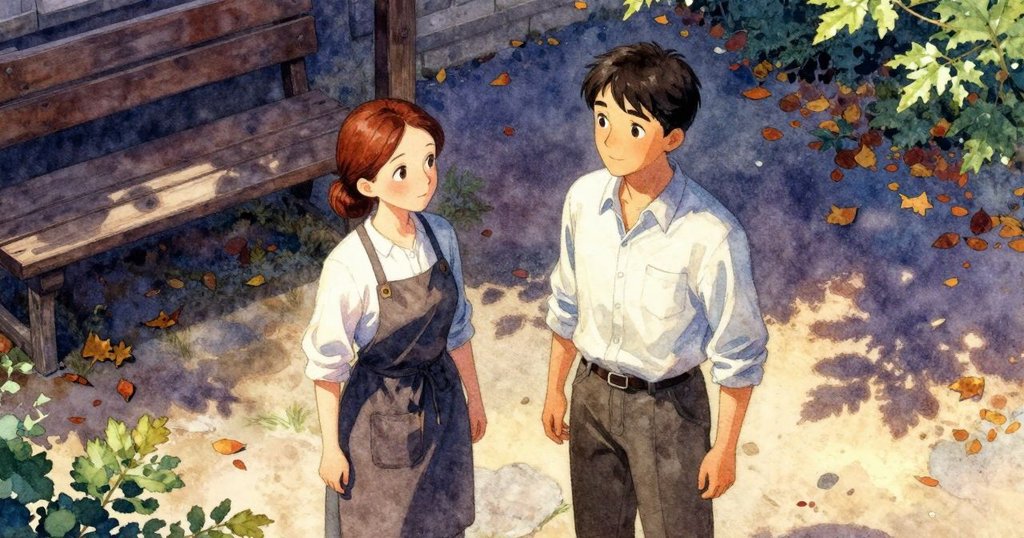 巴雷特在院子裡工作，落葉散落石上，冬站在工作室門口，展現期待感與溫暖氛圍