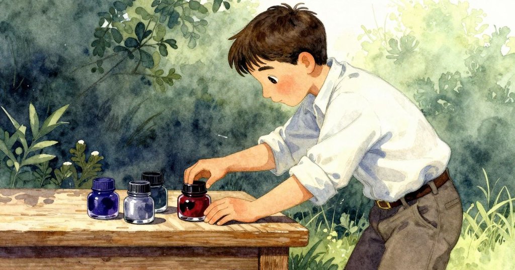 巴雷特專注地觸碰色彩豐富的墨水罐，玻璃反光在午後光線中閃爍，畫面呈現細膩互動