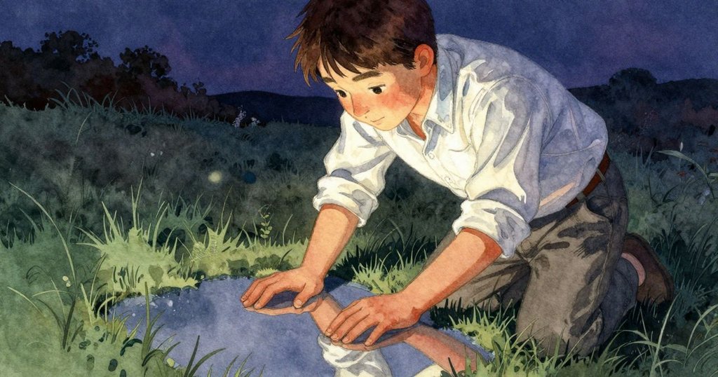 巴雷特在黃昏中仔細檢視印紙，光影交錯中映出專注神情，細節豐富且充滿思索感