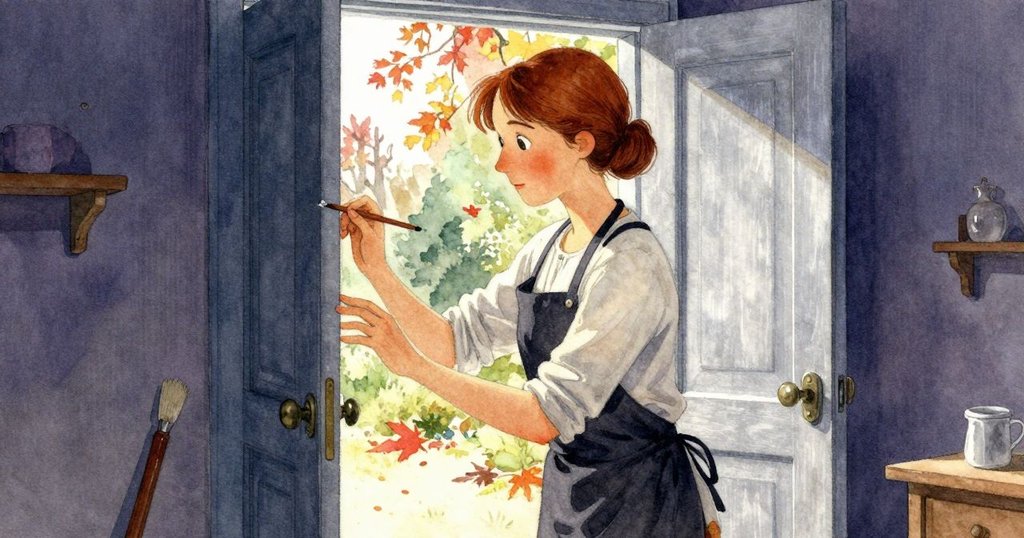 冬站於敞開的工作室門前輕拭畫筆，眼神柔和，室內外景交融，散發溫暖轉變之美