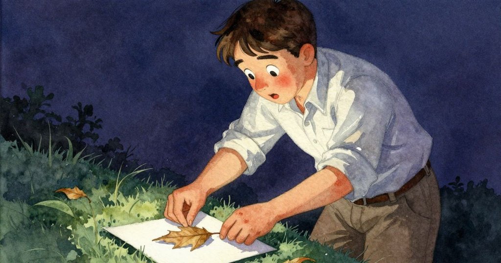 巴雷特表情驚訝，發現一片乾葉滑入印製過程，印痕細節與葉紋清晰，畫面充滿懸念