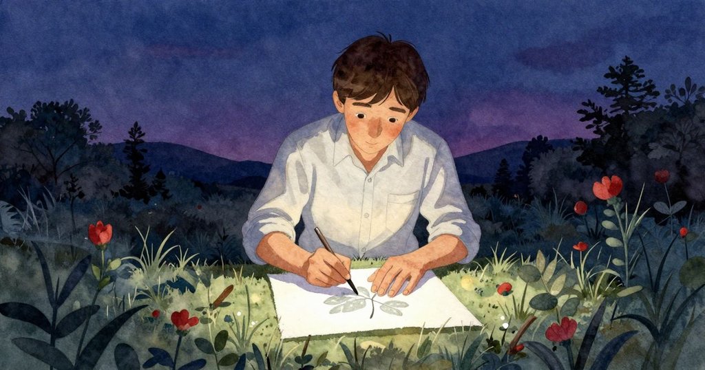 巴雷特滿足地完成印刷，葉子淡影完美呈現，工作室內外交織出夜幕降臨時的寧靜與美感