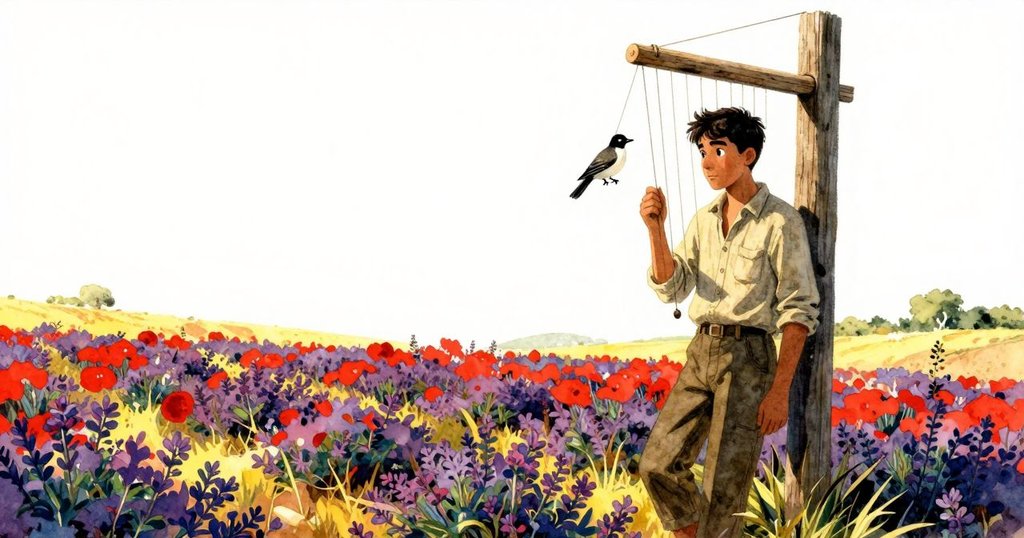 林登在晨光中於香草叢旁靠著雪松柱,天空鳥在風琴上停留,畫面充滿平靜與溫暖的自然景致