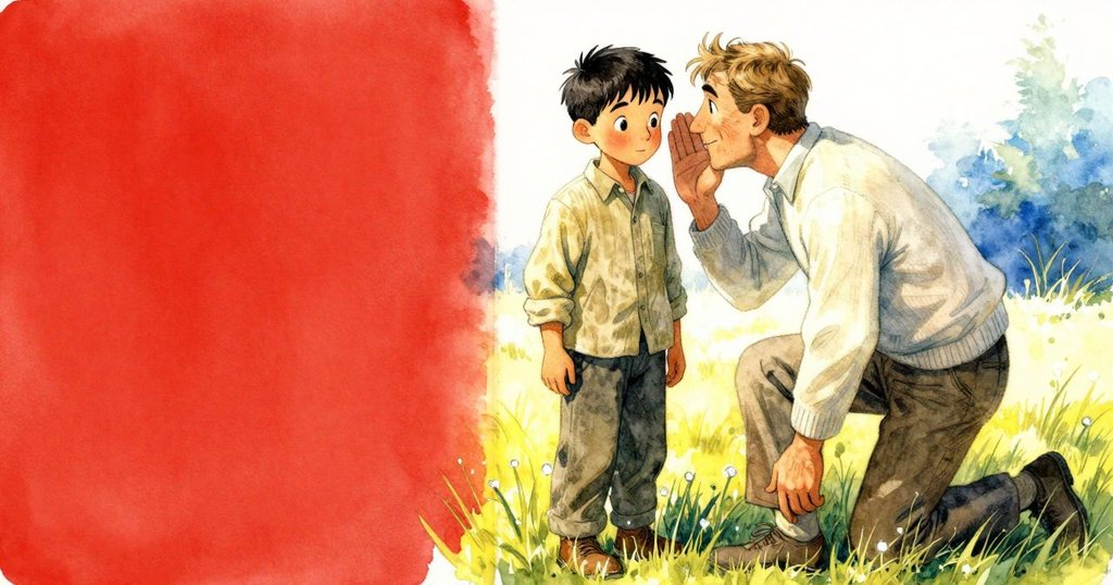 林登小心踩在滿是露珠的草地上,背景中阿爾登輕聲低語,突出自然空間與晨光柔和的氛圍