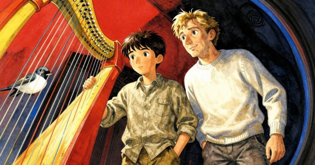 扭曲視角下,天空鳥在風琴上輕點琴弦,金屬反光與細膩動作交織出夢幻般的音律