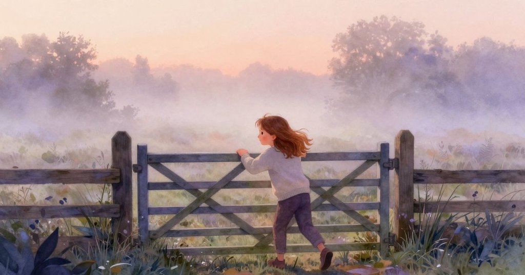 茱麗葉推開鄉間大門，走進朦朧霧氣中，神情平靜，背景為石子路與霧氣瀰漫的草地