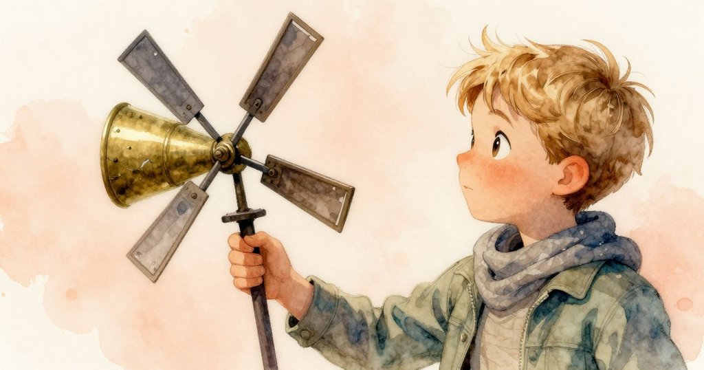 帕斯卡從霧中現身，手中輕握銅色風車，細節顯示破損齒輪，背景霧氣朦朧，情緒專注