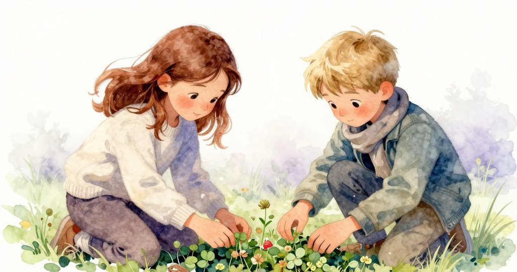 茱麗葉與帕斯卡同時蹲下於濕潤的苜蓿中搜尋失落零件，濃霧繞膝，氛圍靜謐而細膩