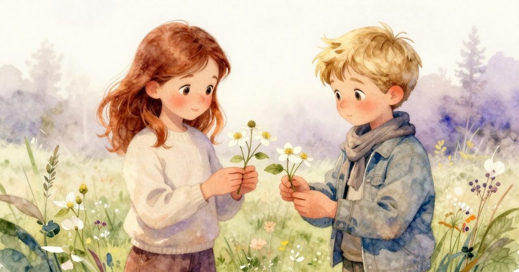 茱麗葉小心剪下狗木花朵，帕斯卡穩住飄散露珠的標本冊頁，彼此神情專注且溫柔，氛圍細膩