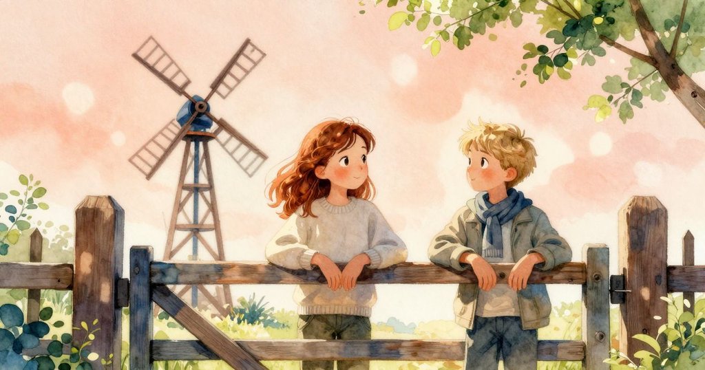 茱麗葉於鄉間大門前停步，手觸冰涼木質，帕斯卡輕啟風車，臂袖上露水閃光，意境深遠