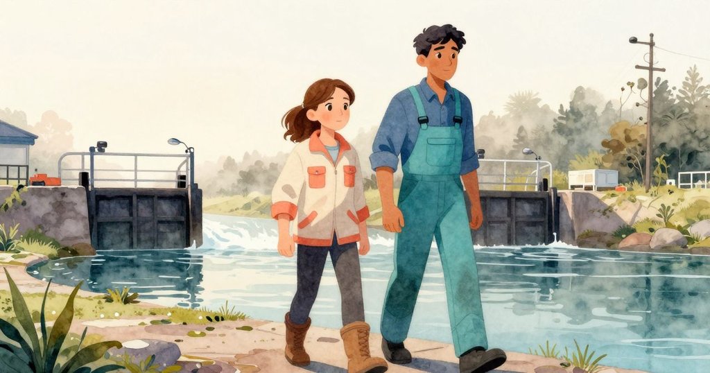 Ursula在黎明的河堤上注視Dean彎腰操作水閘, 水面反映出堅定與期待的情感