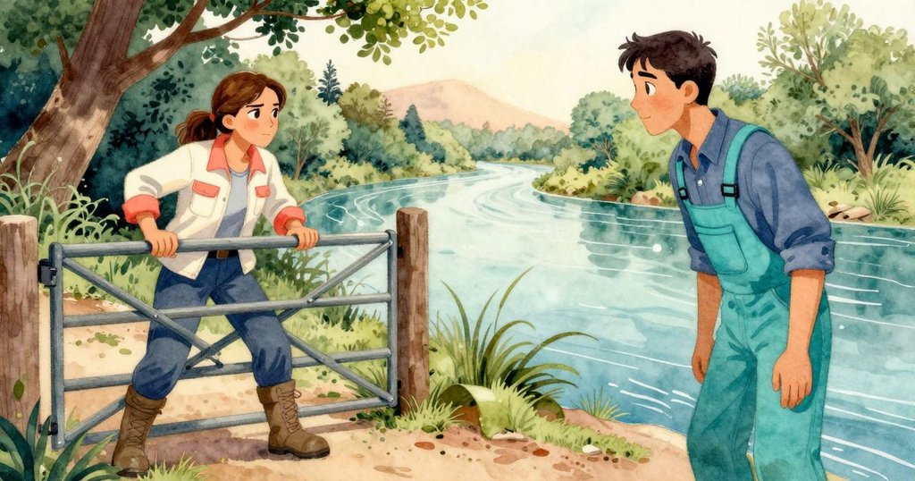 分割畫面左邊Ursula調整水閘, 右邊Dean遮擋晨光觀察流水, 自然河邊與無花果樹輕映晨光