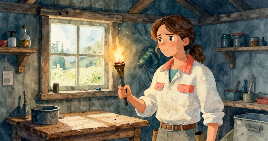 Ursula走進鄉村工具小屋, 拿著未點燃火把, 周圍展示木質工具與柔和晨光, 氣氛沉思