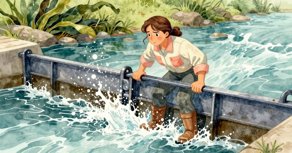 Ursula奮力抬起水閘, 水花四濺, 金屬把手反射晨光, 戶外河邊充滿動感與希望