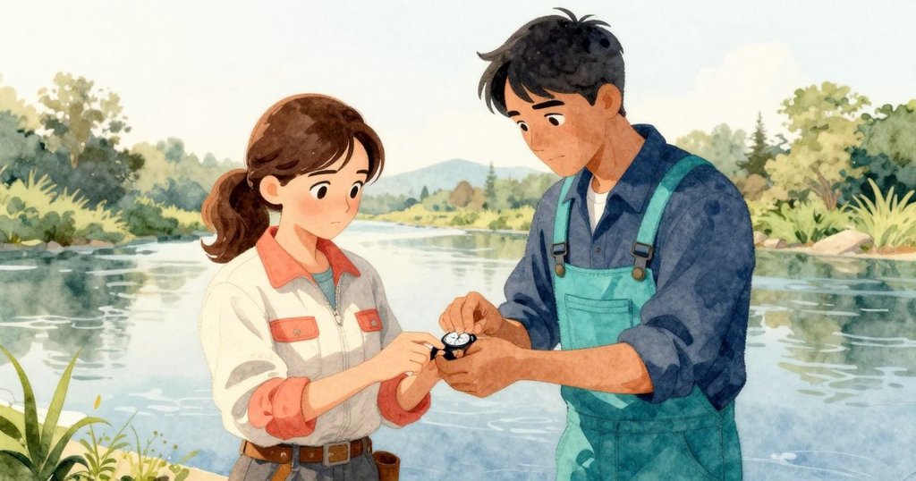 Dean在河邊將修好的懷錶遞給Ursula, 彼此眼神中流露感激與堅定, 背景有無花果樹和柔和晨光